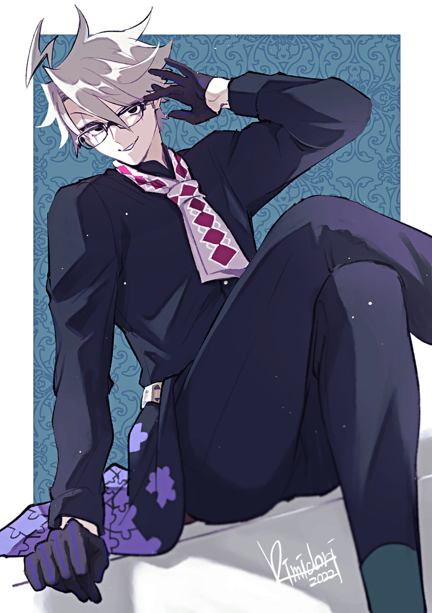 1boy adjusting_eyewear ahoge aqua_background argyle arm_support ascot belt bespectacled black_coat black_eyes black_gloves black_pants border coat crossed_legs facial_mark fate/grand_order fate_(series) feet_out_of_frame glasses gloves grey_hair hair_between_eyes half_gloves highres james_moriarty_(ruler)_(fate) kimidorix32 looking_at_viewer male_focus official_alternate_costume outside_border pants parted_lips patterned_background purple_ascot puzzle_piece_print short_hair sitting smile solo white_border