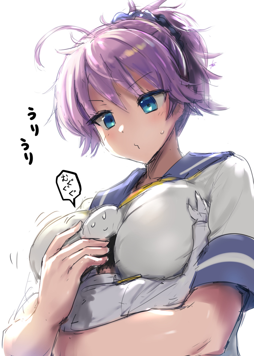 1boy 1girl admiral_(kancolle) ahoge aoba_(kancolle) between_breasts black_hair blue_eyes breasts ebizome giant giantess hetero highres hug kantai_collection large_breasts messy_hair ponytail purple_hair school_uniform serafuku simple_background size_difference white_background