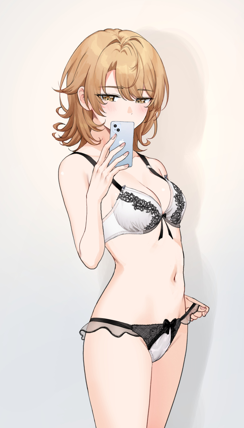 1girl absurdres bare_arms bare_shoulders black_bow blush bow bow_bra bow_panties bra breasts brown_eyes brown_hair bush cellphone cleavage covered_mouth cowboy_shot front-tie_bra grey_background hand_up highres holding holding_phone iphone isshiki_iroha lace lace_panties looking_at_phone medium_breasts navel nonbire panties panty_tug phone see-through selfie shadow simple_background smartphone solo stomach thighs two-tone_bra two-tone_panties underwear underwear_only white_bra white_panties yahari_ore_no_seishun_lovecome_wa_machigatteiru.