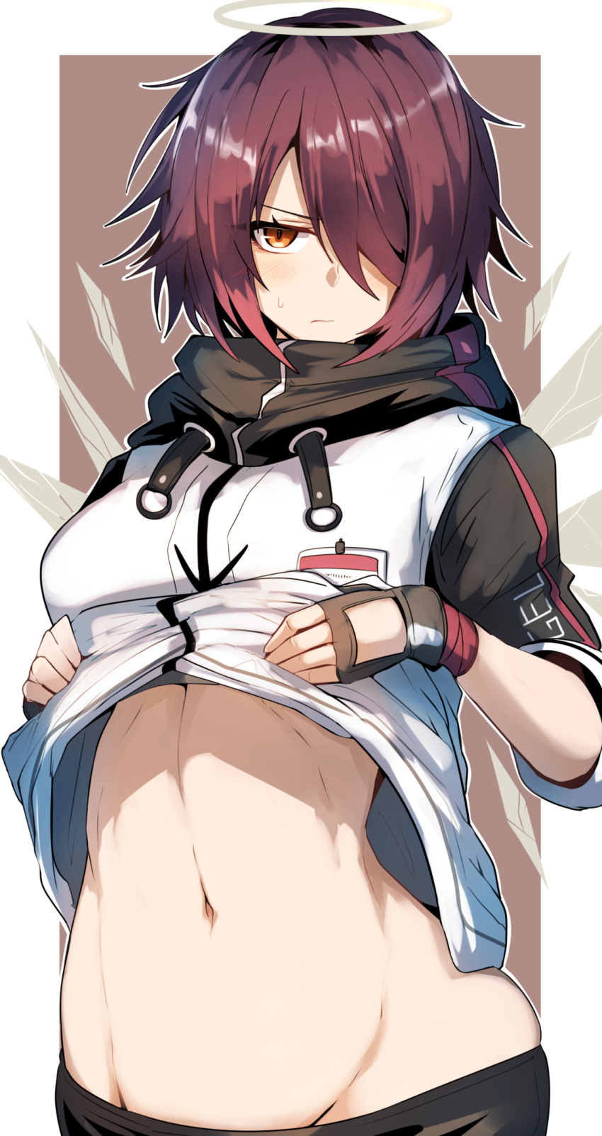 1girl arknights black_gloves blush closed_mouth commentary_request detached_wings energy_wings exusiai_(arknights) fingerless_gloves gin_moku gloves groin hair_over_one_eye halo highres jacket jacket_lift long_sleeves looking_at_viewer navel orange_eyes red_hair short_hair solo stomach sweatdrop upper_body white_jacket wings