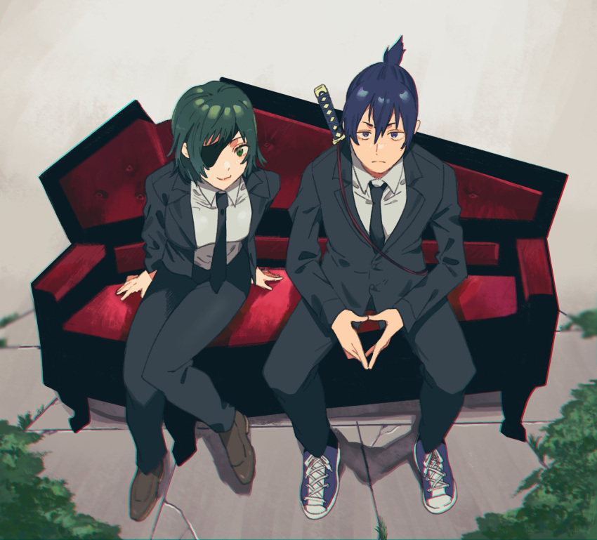 1boy 1girl black_hair black_jacket black_necktie black_pants breasts chainsaw_man collared_shirt couch eyepatch formal from_above green_eyes hayakawa_aki highres himeno_(chainsaw_man) jacket looking_at_viewer medium_breasts momokan_(meloco) moss necktie own_hands_together pants shirt short_hair sitting sling smile steepled_fingers suit topknot weapon weapon_on_back white_shirt