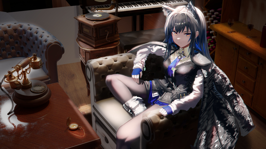 1girl animal_ear_fluff animal_ears arknights armchair black_hair black_jacket black_pantyhose black_vest blue_gloves blue_hair blue_necktie blue_shorts boots brown_eyes chair closed_mouth collared_shirt commentary_request fingerless_gloves gloves highres indoors jacket jacket_on_shoulders legwear_under_shorts long_hair long_sleeves looking_at_viewer multicolored_hair necktie on_chair original pantyhose phone pocket_watch record roman_numeral shirt short_shorts shorts sitting solo texas_(arknights) texas_the_omertosa_(arknights) two-tone_hair very_long_hair vest watch white_footwear white_shirt wiersa