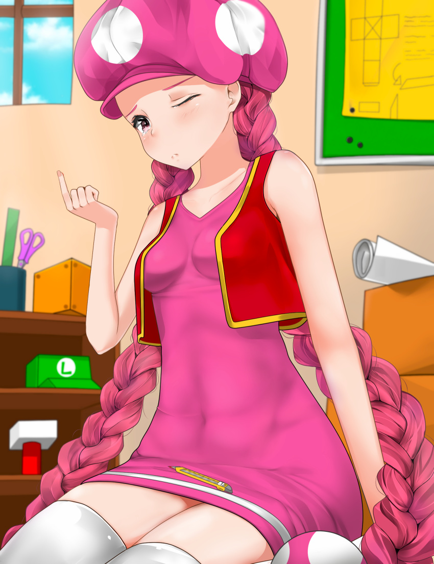 1girl :d \o/ arms_up braco braid commentary_request dress full_body hair_ornament happy hat heart heart_background highres long_hair mario_(series) open_mouth outline outstretched_arms personification pink_background pink_dress pink_hair pink_headwear sleeveless sleeveless_dress smile solo teeth toadette twin_braids upper_teeth vest