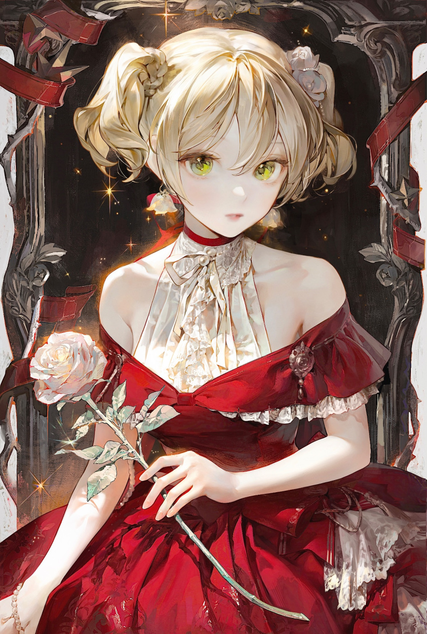 1girl bangs bare_shoulders blonde_hair bracelet braid breasts collarbone commentary cowboy_shot daiba_nana dress earrings fingerless_gloves flower flower_earrings frilled_dress frilled_sleeves frills gloves green_eyes hair_between_eyes hair_flower hair_ornament hand_up highres holding holding_flower jewelry looking_at_viewer medium_breasts neck_ribbon parted_lips pearl_bracelet picture_frame red_dress red_ribbon ribbon rose short_hair short_sleeves short_twintails shoujo_kageki_revue_starlight solo sparkle suzumi_(ccroquette) symbol-only_commentary twintails white_flower white_ribbon white_rose