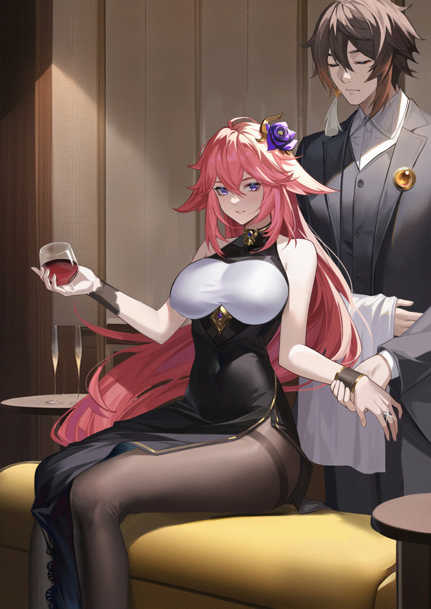 1boy 1girl absurdres alcohol bangs bare_shoulders black_hair black_pantyhose black_thighhighs breasts closed_eyes collared_shirt couch cup drinking_glass earrings eyeliner flower formal genshin_impact glint gradient_hair hair_between_eyes hair_flower hair_ornament hand_on_another's_hand highres holding holding_cup indoors jacket jewelry large_breasts lips long_hair long_sleeves looking_at_viewer makeup multicolored_hair pantyhose pink_hair purple_eyes purple_flower ring shirt sidelocks single_earring sitting smile suit tassel tassel_earrings teeth thighhighs very_long_hair vest wine wine_glass yae_miko yin_lan_xue zhongli_(genshin_impact)