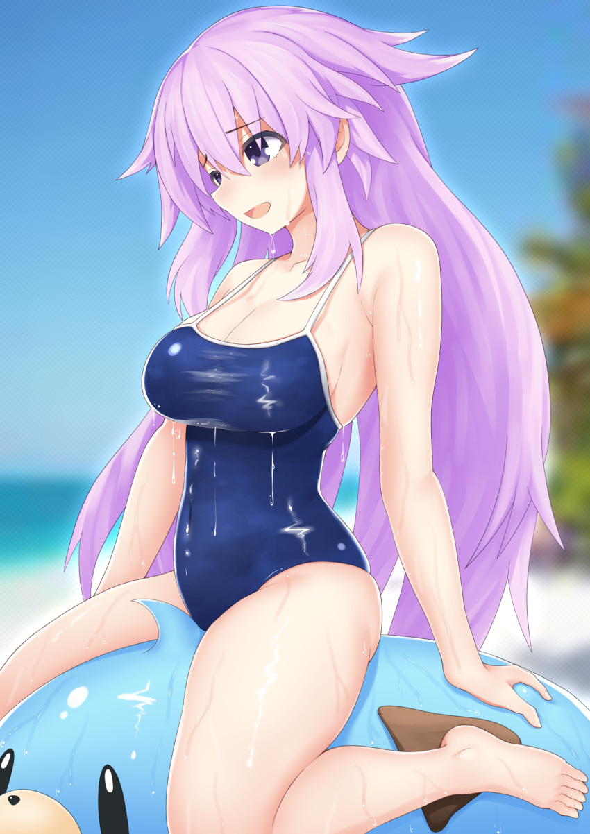 1girl :d adult_neptune arm_behind_back bare_legs bare_shoulders barefoot beach blush breasts cleavage covered_navel day dogoo from_side highres katade leg_up legs legs_apart long_hair looking_down medium_breasts neptune_(series) no_hair_ornament one-piece_swimsuit outdoors purple_eyes purple_hair sitting_on_animal skin_tight smile solo spread_legs straddling swimsuit thighs very_long_hair water_drop wet wet_clothes wet_hair wet_swimsuit