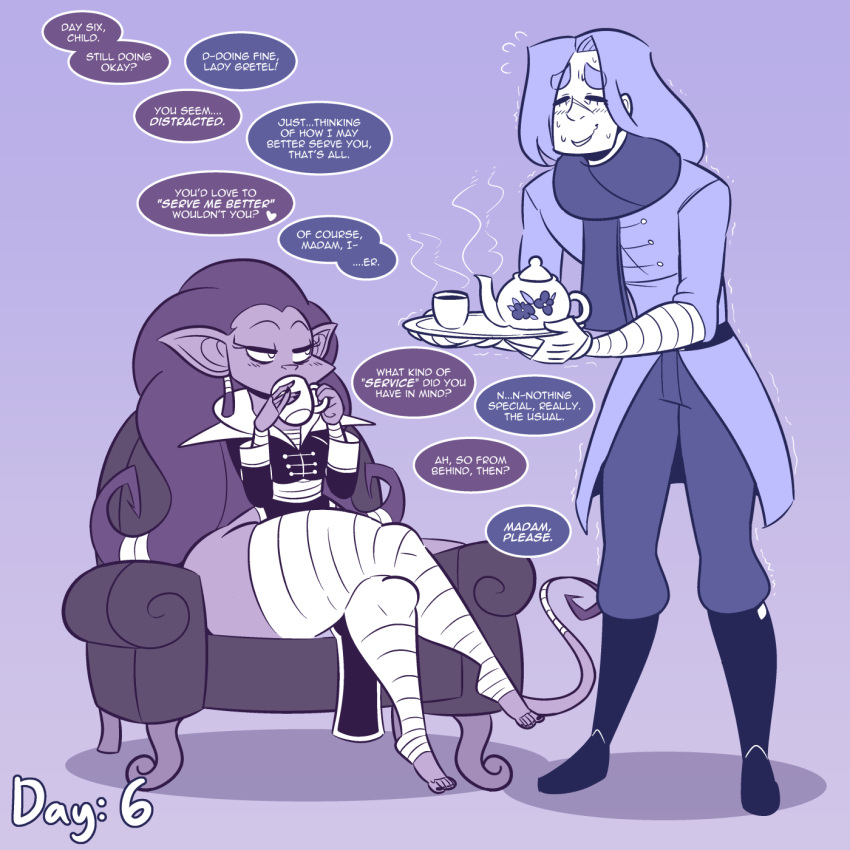 beverage chair cobatsart duo female furniture gretel_(cobatsart) hi_res human humanoid male male/female mammal meme no_nut_november purple_background scarf simple_background solus speech_bubble tea teapot