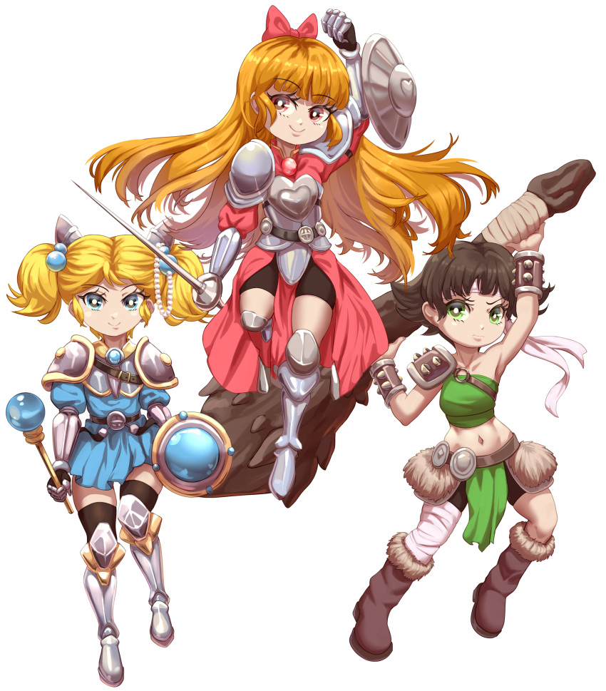 3girls absurdres armor bangs black_hair blonde_hair blossom_(ppg) blue_eyes bow bubbles_(ppg) buttercup_(ppg) cjhomics closed_mouth club_(weapon) commentary dress english_commentary facing_viewer green_eyes hair_bow heart heart_print highres holding holding_weapon long_hair looking_at_viewer midriff multiple_girls pink_eyes powerpuff_girls rapier shield short_hair simple_background skirt smile sword twintails two-handed very_long_hair weapon white_background