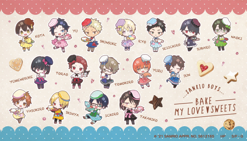 6+boys amagaya_subaru apron artist_request badtz-maru beret black_apron black_hair blonde_hair blue_apron blue_eyes brown_hair chef_hat chibi chocolate cinnamoroll closed_eyes closed_mouth cogimyun cookie dots dotted_background food fujita_jun green_apron green_eyes hagura_torao hangyodon hasegawa_kouta hat heart_shaped_cookie hello_kitty highres holding holding_plate itonaga_ichiro kashiwagi_tomohiro kero_kero_keroppi kiki_(little_twin_stars) kirimichan koga_yasuhiro kuromi lala_(little_twin_stars) little_twin_stars looking_away looking_back looking_down looking_to_the_side mimmy_(hello_kitty) minamoto_seiichirou mizuno_yuu multiple_boys my_melody my_sweet_piano newsboy_hat nishimiya_ryou ogata_takahiko open_mouth open_smile patterned patterned_clothing pink_apron pink_eyes plate pochacco pompompurin purple_apron purple_eyes red_eyes red_hair sanrio sanrio_danshi smile star-shaped_chocolate star-shaped_cookie sugami_naoki toyohara_yumenosuke translation_request tuxedo_sam umezaki_shinya wakano_yuzu yellow_apron yoshino_shunsuke