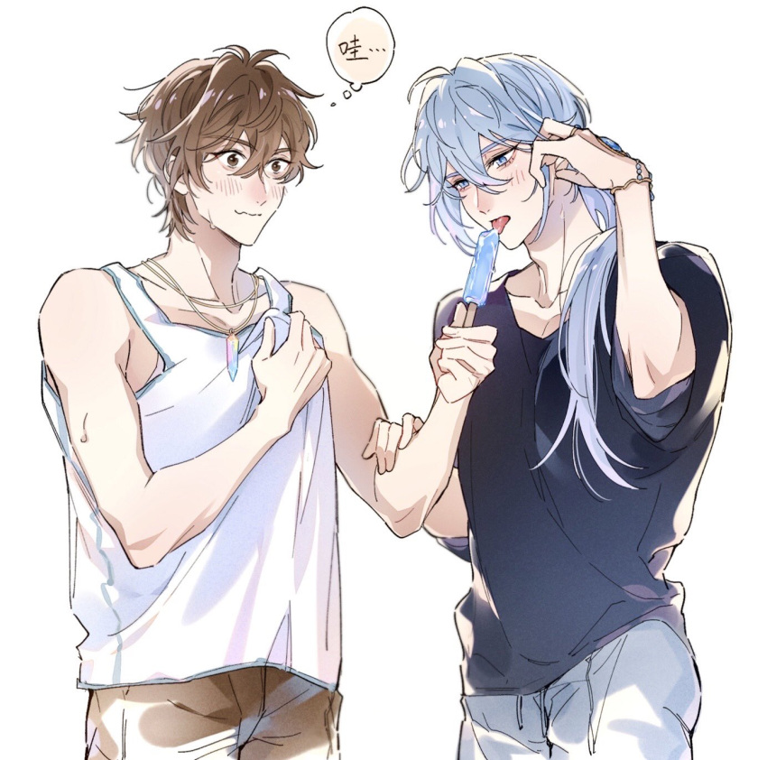 2boys ahoge alternate_costume aroused black_shirt blue_eyes blue_gem blue_hair blush bracelet brown_eyes brown_hair brown_shorts chinese_text closed_mouth collarbone constricted_pupils cowboy_shot crystal_necklace drawstring edmond_(nu_carnival) food gem grey_shorts hair_between_eyes hair_over_shoulder hand_on_another's_arm hand_on_own_chest highres holding holding_food holding_popsicle jewelry licking licking_food long_hair looking_at_food looking_down male_focus multiple_boys nu_carnival pectoral_cleavage pectorals ponytail popsicle sexually_suggestive shirt short_hair short_sleeves shorts simple_background smile speech_bubble sweat tank_top thought_bubble toned toned_male tucking_hair wavy_mouth white_background white_tank_top wide_sleeves yaoi your_yanjiu