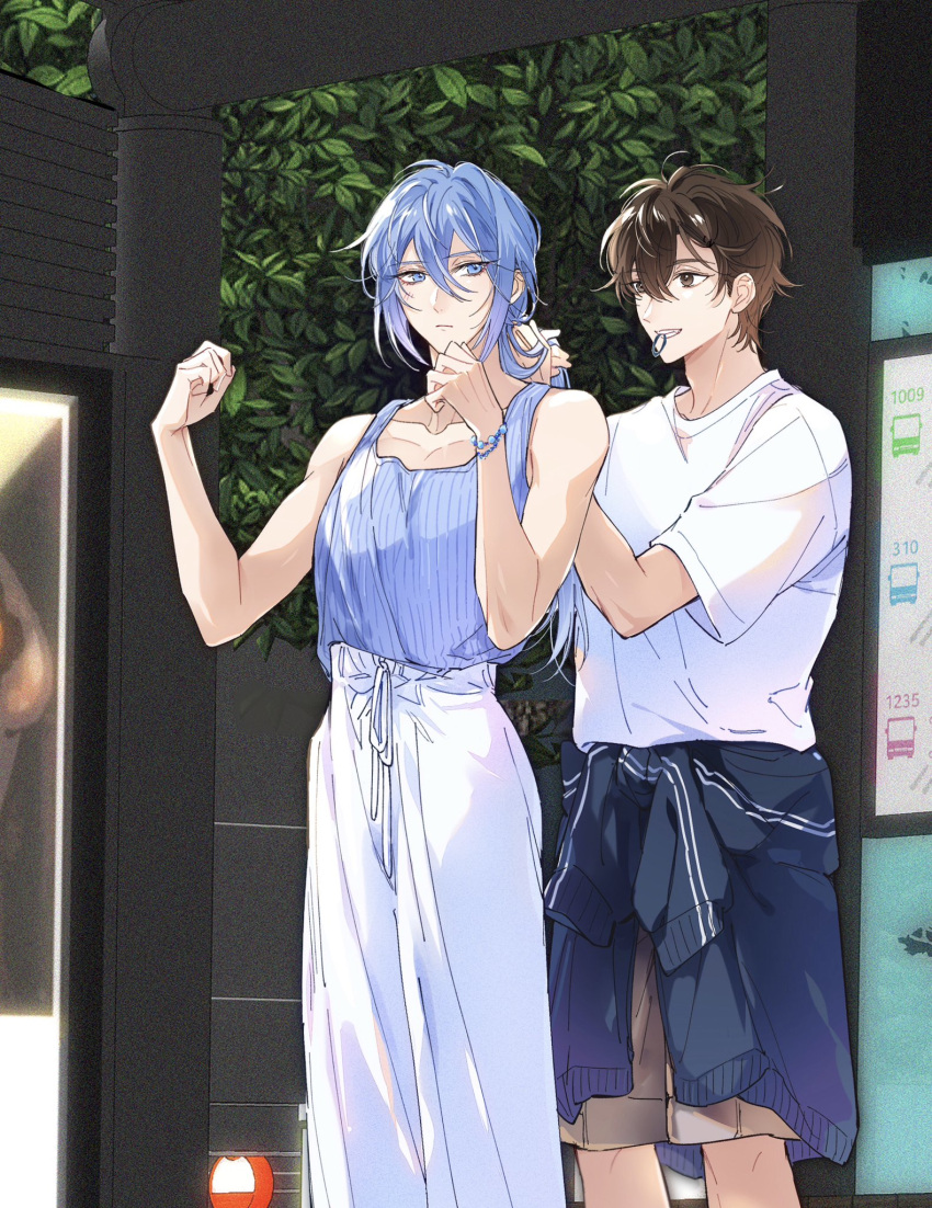 2boys :d alternate_costume black_jacket blue_eyes blue_hair blue_tank_top bracelet brown_eyes brown_hair brown_shorts bus_stop closed_mouth clothes_around_waist collarbone contemporary curled_fingers day drawstring edmond_(nu_carnival) eiden_(nu_carnival) feet_out_of_frame grin hair_between_eyes hair_tie_in_mouth hashtag-only_commentary hedge high-waist_pants highres jacket jacket_around_waist jewelry light_blush long_hair looking_at_another looking_back male_focus mouth_hold multiple_boys nu_carnival outdoors pants pectoral_cleavage pectorals ponytail shirt short_hair short_sleeves shorts smile t-shirt tank_top toned toned_male tying_another's_hair white_pants white_shirt your_yanjiu