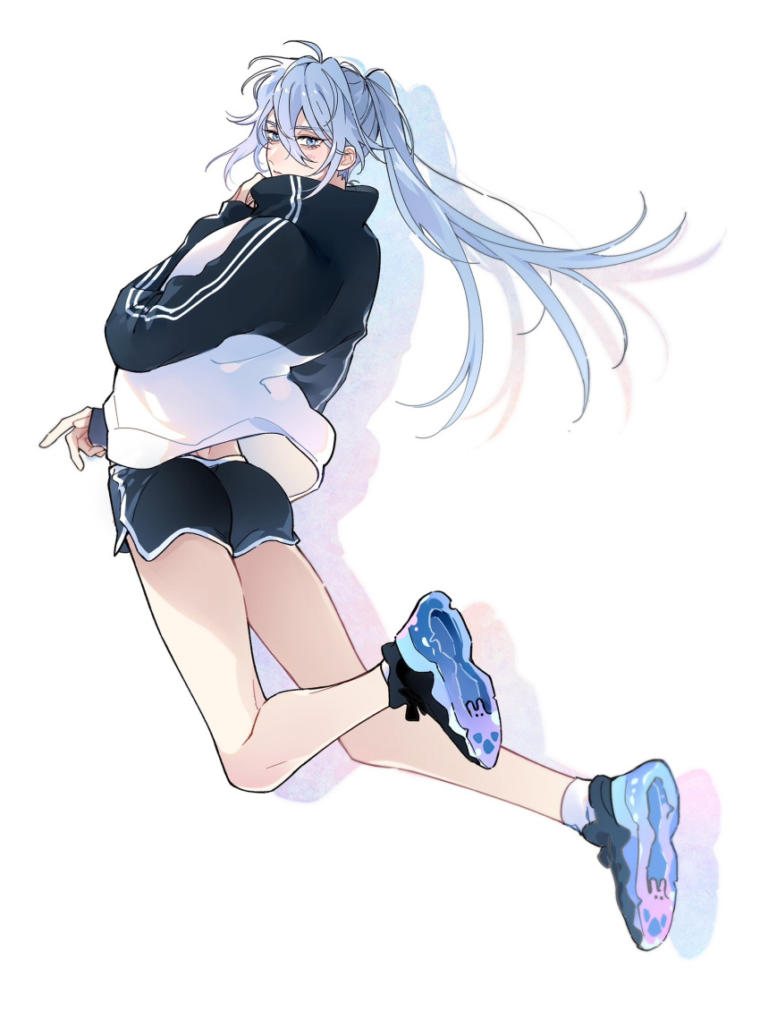 1boy adjusting_jacket ahoge alternate_costume ankle_socks ass black_jacket black_shoes black_shorts blue_eyes blue_hair closed_mouth clothes_lift colored_shadow dimples_of_venus double-parted_bangs drop_shadow edmond_(nu_carnival) floating floating_hair from_behind full_body hair_between_eyes high_collar high_ponytail highres jacket jacket_lift long_hair long_sleeves looking_at_viewer looking_back male_focus multicolored_jacket nu_carnival ponytail shadow shoes shorts simple_background sneakers socks solo track_jacket two-tone_jacket v-shaped_eyebrows very_long_hair white_background white_jacket white_socks your_yanjiu