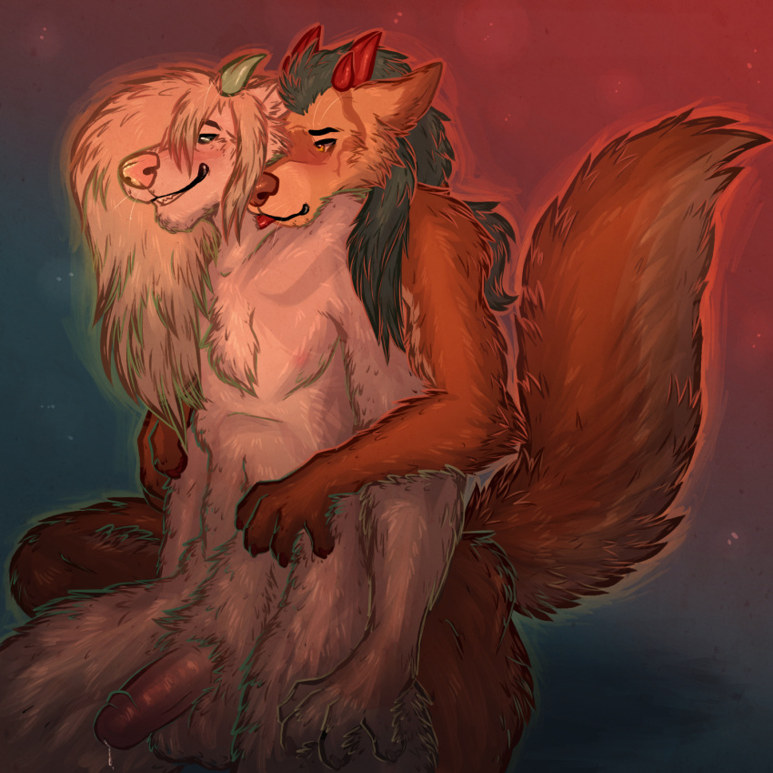 anthro blonde_hair bodily_fluids brown_body brown_fur canid canine chest_tuft colorful colorful_background cuddling digital_media_(artwork) duo embrace erection fluffy fluffy_tail fur genital_fluids genitals green_hair grin hair hi_res horn hug hugging_from_behind humanoid_genitalia humanoid_penis licking long_hair male male/male mammal nipples nude penis pink_nose precum shy simple_background smile tailtufts teeth tongue tongue_out tuft white_body white_fur