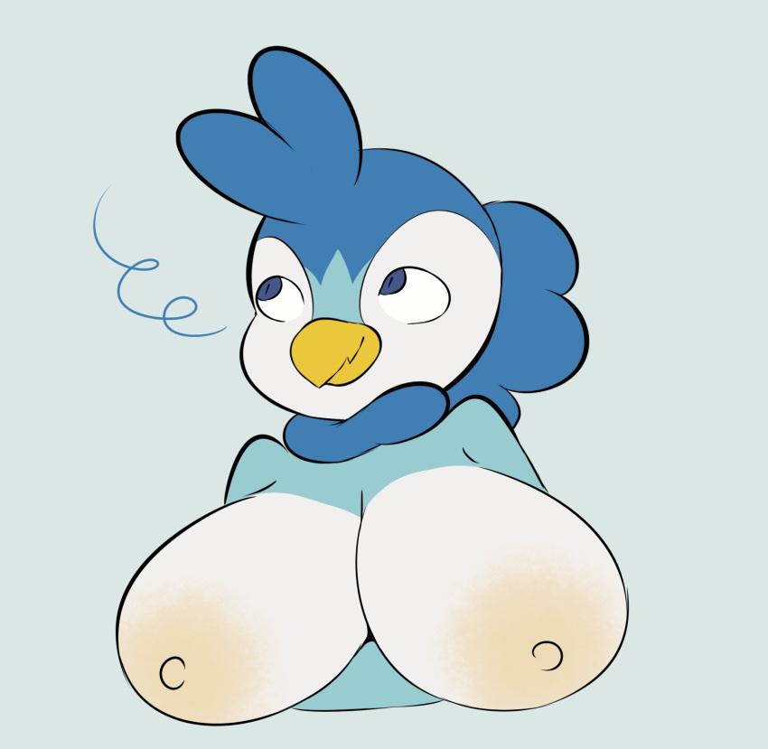 anthro areola avian big_breasts bird blue_eyes breasts bust_portrait female generation_4_pokemon hi_res looking_away malinda_(plantedpot) nintendo nipples nude oblivious penguin piplup plantedpot pokemon pokemon_(species) portrait smile solo tan_areola tan_nipples video_games