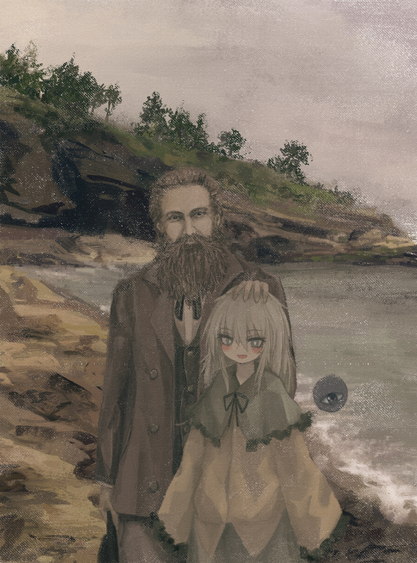 1boy 1girl absurdres beach beard bright_pupils buttons capelet coat commentary facial_hair green_capelet green_eyes green_hair hand_on_another's_head highres karl_robert_eduard_von_hartmann komeiji_koishi long_sleeves looking_at_viewer mustache open_mouth outdoors reverinth shirt sky smile third_eye touhou traditional_media tree white_pupils yellow_shirt