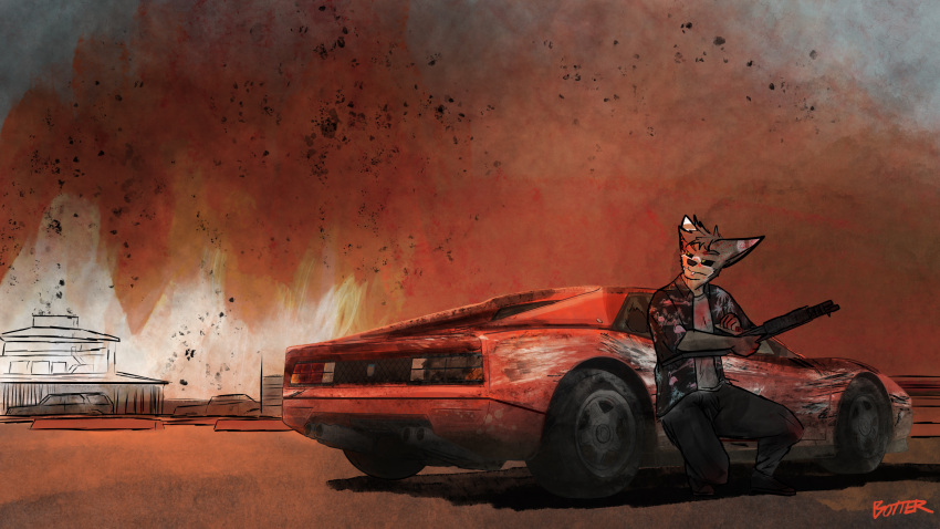 anthro big_ears black_sclera blood bodily_fluids botter botter_dork brown_hair car chiropteran clothed clothing crossover detailed_background digital_media_(artwork) fangs fire fur grand_theft_auto grand_theft_auto_v gun hair hi_res hybrid illustration lutrine male mammal mustelid outside ranged_weapon rio_(botter_dork) rockstar_games scenery solo topwear vehicle video_games weapon
