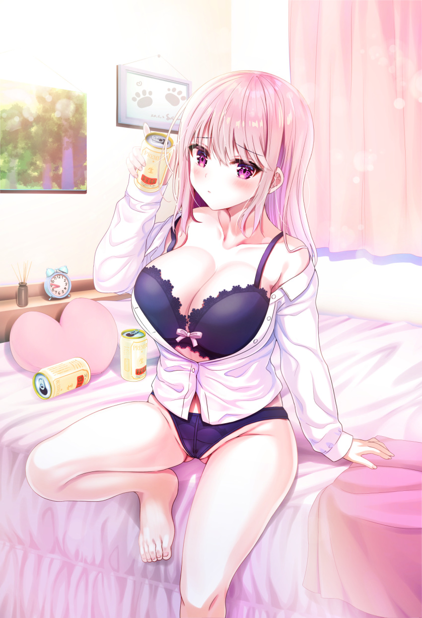 1girl alarm_clock arm_support bangs barefoot bed bed_sheet beer_can black_bra black_panties blush bra breasts can cleavage clock closed_mouth collared_shirt commentary_request curtains dress_shirt feet foot_out_of_frame heart highres holding holding_can indoors large_breasts long_hair looking_at_viewer on_bed original panties picture_(object) pillow pink_hair purple_eyes shirt shiwasu_horio sidelocks sitting solo toes underwear white_shirt