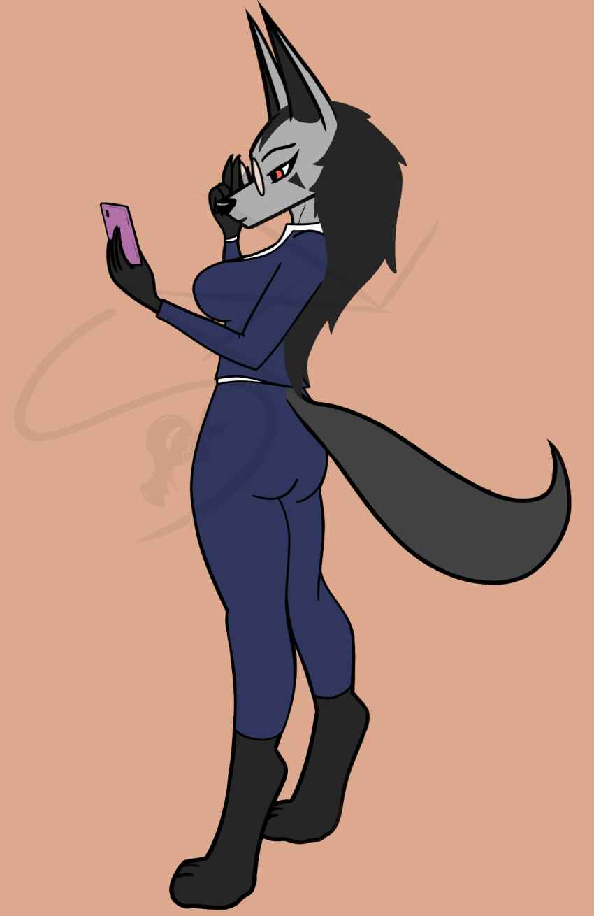 anthro black_hair black_nose clothing eyewear female fur generation_3_pokemon glasses grey_body grey_fur hair hi_res mightyena nintendo phone pink_phone pokemon pokemon_(species) red_eyes salandile solo suit video_games watermark