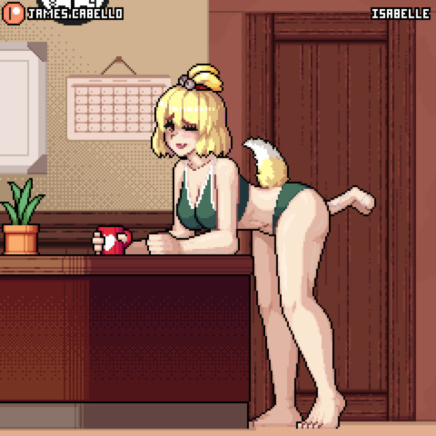 1boy 1girl animal_crossing animated animated_gif artist_name ass barefoot bent_over blonde_hair blush bouncing_breasts breasts character_name cleavage collarbone commentary cup disembodied_penis english_commentary eyelashes feet hetero highres holding holding_cup isabelle_(animal_crossing) james_cabello midriff mug one_eye_closed open_mouth penis personification pixel_art plant potted_plant sex sex_from_behind standing standing_sex tail tail_wagging testicles
