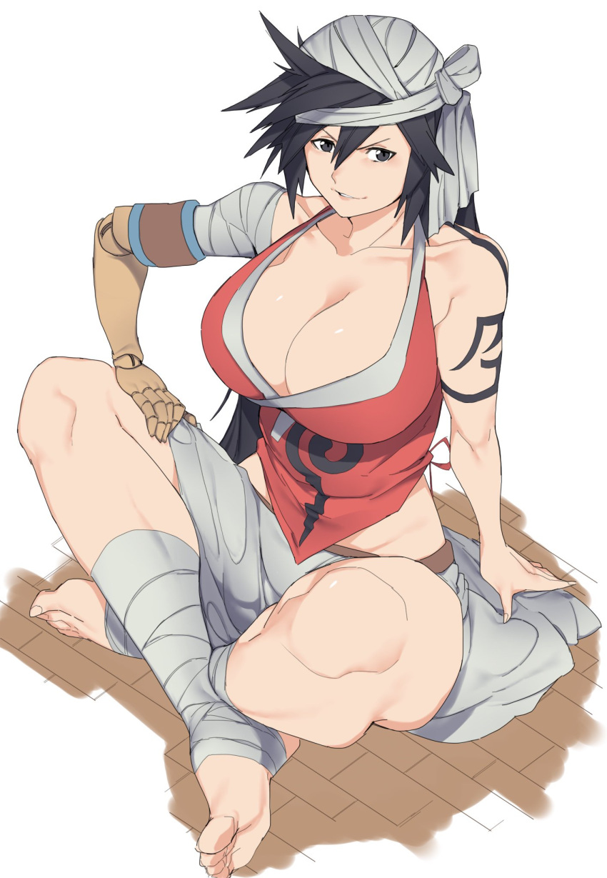 1girl amputee bandaged_head bandaged_leg bandages bare_shoulders black_hair bleach breasts cleavage collarbone feet grey_eyes highres kuma_(jk0073) large_breasts legs long_hair muscular muscular_female no_shoes open_mouth shiba_kuukaku simple_background sitting smile solo stirrup_legwear toeless_legwear toes white_background