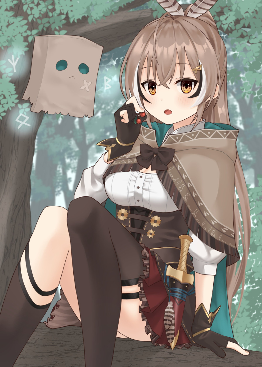 1girl :o absurdres ahoge asymmetrical_legwear bangs berry branch brown_capelet brown_cloak brown_corset brown_eyes brown_hair cape capelet cloak corset dagger feather_hair_ornament feathers forest friend_(nanashi_mumei) gloves hair_ornament hairclip hieroglyphics highres hololive hololive_english in_tree knee_strap kneehighs knife long_hair looking_at_viewer multicolored_hair nanashi_mumei nature partially_fingerless_gloves pleated_skirt ponytail red_skirt ribbon runes shirt single_kneehigh single_sock single_thighhigh sitting sitting_in_tree skirt soba_(sobaya1938) socks streaked_hair thigh_strap thighhighs tree very_long_hair virtual_youtuber weapon white_shirt