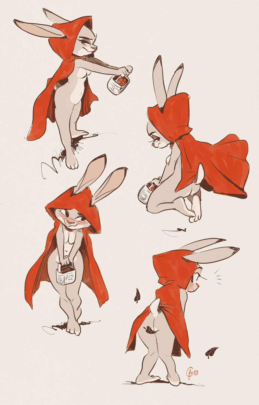 absurd_res anthro basket blush breasts buckteeth cape cape_only clothing container convenient_censorship covering covering_crotch covering_self disney edtropolis fairy_tales female hi_res judy_hopps lagomorph leaf leporid little_red_riding_hood little_red_riding_hood_(copyright) mammal mostly_nude rabbit solo teeth zootopia