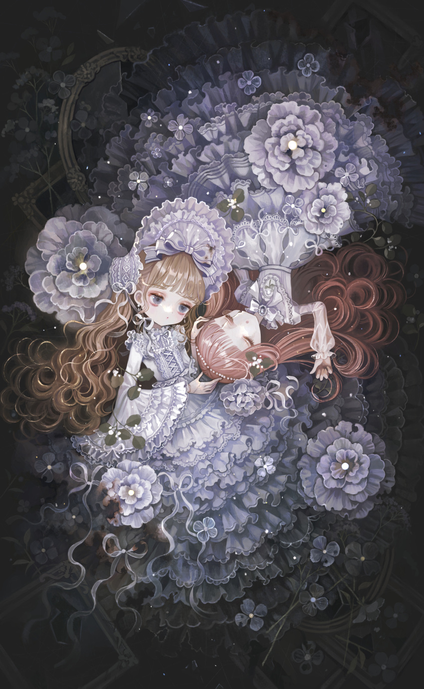 2girls absurdres bangs blonde_hair blunt_bangs bow closed_eyes closed_mouth curly_hair dress flower frilled_headwear frilled_sleeves frills gothic_lolita headdress highres lalala222 leaf lolita_fashion long_dress long_hair long_sleeves lying mirror multiple_girls on_back original red_hair ribbon very_long_hair victorian white_dress