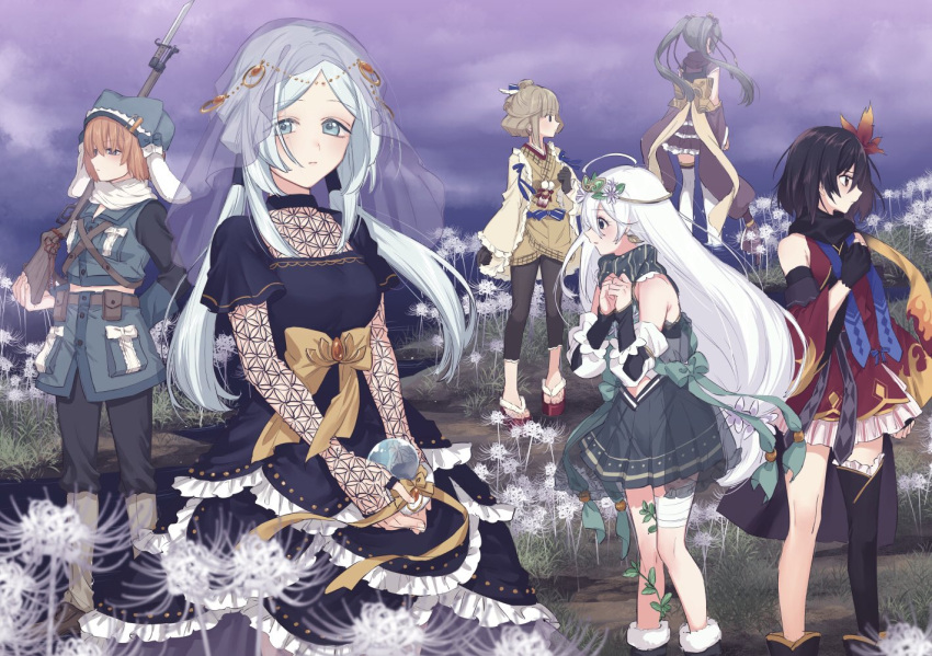 6+girls ahoge aoba_chika aqua_ribbon arm_at_side arm_behind_back back_bow ball bandaged_leg bandages bangs black_dress black_gloves black_pants black_scarf black_shirt black_thighhighs blue_bow blue_eyes blue_hair blue_headwear blue_jacket blue_ribbon blue_sash blue_scarf blue_skirt bodystocking boots bow breast_pocket brown_eyes brown_footwear brown_gloves brown_hair brown_leggings brown_pants brown_sash buttons choker clenched_hand closed_mouth cropped_jacket detached_sleeves dress earrings facing_away field fingerless_gloves flower flower_field frilled_dress frilled_kimono frilled_sweater frilled_thighhighs frills fur-trimmed_boots fur-trimmed_footwear fur_hat fur_trim furball gem gloves green_gemstone grey_hair grey_skirt gun hair_between_eyes hair_bun hair_flower hair_ornament hand_on_own_chest hat hiroe_chiharu holding holding_ball holding_weapon in_water jacket japanese_clothes jewelry kimono layered_dress leaf_earrings leggings light_blue_hair light_brown_hair long_hair long_sleeves looking_ahead low-tied_long_hair magia_record:_mahou_shoujo_madoka_magica_gaiden mahou_shoujo_madoka_magica medium_hair miniskirt miura_asahi mole mole_under_eye multiple_girls natsu_ryouko orange_gemstone orange_hair outdoors pants pants_under_skirt parted_bangs partially_submerged pleated_skirt pocket profile purple_belt purple_eyes purple_kimono purple_scarf purple_sky red_flower red_footwear red_kimono ribbon rifle river sash scarf shirt shoes short_hair short_kimono short_sleeves sidelocks single_hair_bun single_thighhigh skirt sleeveless sleeveless_jacket sleeveless_kimono sleeveless_shirt sleeves_past_wrists spider_lily standing striped striped_scarf sweater thighhighs toki_sunao tokime_shizuka twintails ushanka veil very_long_hair weapon white_bow white_flower white_hair white_thighhighs wide_sleeves wing_hair_ornament yellow_kimono yellow_ribbon yellow_sash yellow_sweater yukishiro_(hitsuji) zouri