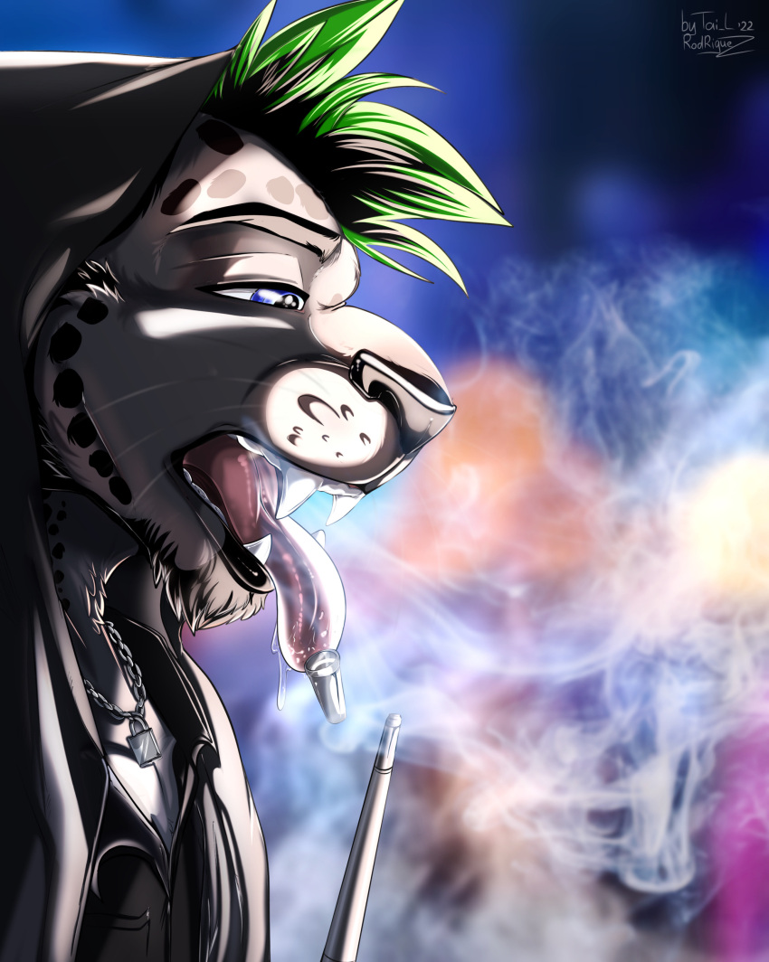 2022 absurd_res anthro blurred_background bodily_fluids clothing device dripping felid hair hi_res hoodie jacket male mammal multicolored_hair pantherine punk saliva saliva_drip signature smoke snow_leopard solo tai_l_rodriguez teeth tongue tongue_out topwear vaping year
