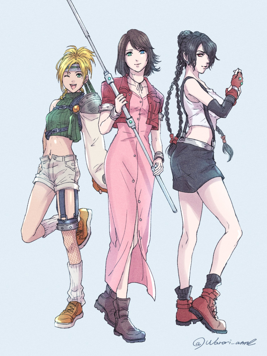 3girls aerith_gainsborough aerith_gainsborough_(cosplay) black_hair black_skirt blonde_hair braid brown_hair cosplay crop_top cropped_jacket dress final_fantasy final_fantasy_vii final_fantasy_x forehead_protector hair_bun hair_over_one_eye headband heterochromia highres lulu_(ff10) multiple_girls one_eye_closed open_fly pink_dress rikku_(ff10) short_shorts shorts single_hair_bun single_sleeve skirt sleeveless sleeveless_turtleneck standing suspender_skirt suspenders tifa_lockhart tifa_lockhart_(cosplay) turtleneck warori_anne yuffie_kisaragi yuffie_kisaragi_(cosplay) yuna_(ff10)