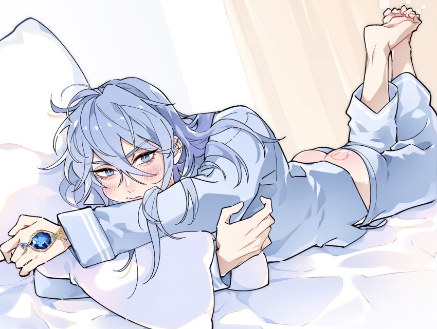 1boy alternate_costume ass barefoot blue_eyes blue_gem blue_hair blue_pajamas blush butt_crack cheek_bulge closed_mouth clothes_pull edmond_(nu_carnival) eyelashes feet_up foreshortening full_body gem hair_between_eyes hair_down holding holding_pillow jewelry long_hair long_sleeves looking_at_viewer lying male_focus messy_hair nu_carnival on_bed on_stomach pajamas pants pants_pull pillow pursed_lips ring solo toe_scrunch v-shaped_eyebrows your_yanjiu