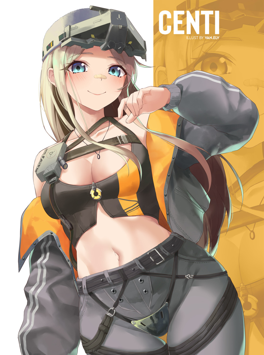 1girl absurdres artist_name bandaid bandaid_on_face bandaid_on_nose belt black_belt blonde_hair blue_eyes blush breasts centi_(nikke) character_name cleavage closed_mouth codpiece commentary cowboy_shot crop_top english_commentary goddess_of_victory:_nikke grey_jacket grey_pants helmet highres jacket jewelry long_hair looking_at_viewer medium_breasts midriff navel necklace off_shoulder open_clothes open_jacket pants simple_background smile solo standing thigh_gap two-sided_fabric two-sided_jacket van.elv white_background zoom_layer