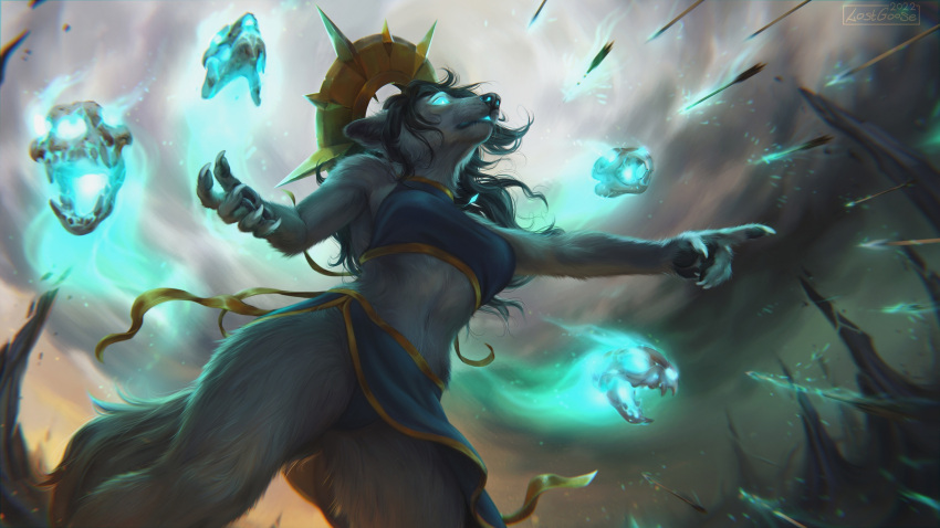 16:9 2022 anthro arrow_(weapon) black_hair blue_bottomwear blue_clothing blue_topwear blue_underwear bone bottomwear canid cheek_tuft clothed clothing cloud dated facial_tuft female fluffy fluffy_tail fur glowing glowing_eyes glowing_mouth glowing_nostrils grey_body grey_fur group hair hi_res leg_tuft lostgoose low-angle_view mammal messy_hair navel outside ranged_weapon shoulder_tuft signature skull sky solo_focus standing topwear tuft underwear weapon widescreen