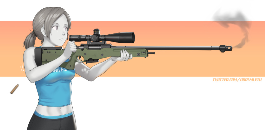 1girl absurdres ai_arctic_warfare black_hair black_shorts blue_tank_top bolt_action casing_ejection colored_skin crop_top gun highres holding holding_gun holding_weapon l96a1 long_hair mathias_leth midriff navel orange_background ponytail rifle scope shell_casing shorts sniper_rifle solo tank_top twitter_username weapon web_address white_background white_skin wii_fit wii_fit_trainer wii_fit_trainer_(female)