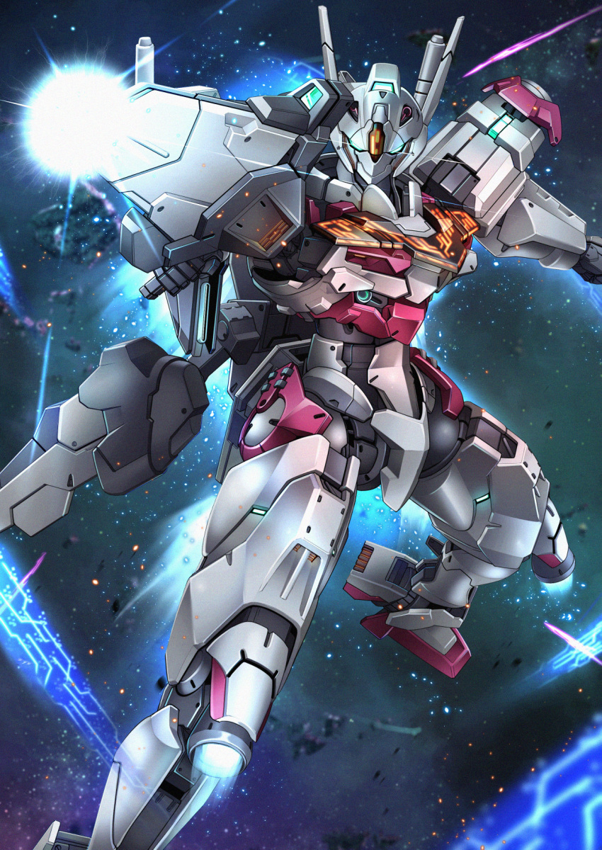 ayato_mabu beam_rifle commentary energy_gun exhaust firing green_eyes gun gundam gundam_lfrith gundam_suisei_no_majo highres holding holding_gun holding_weapon horns light_particles looking_at_viewer mecha mobile_suit no_humans robot science_fiction solo space thrusters weapon