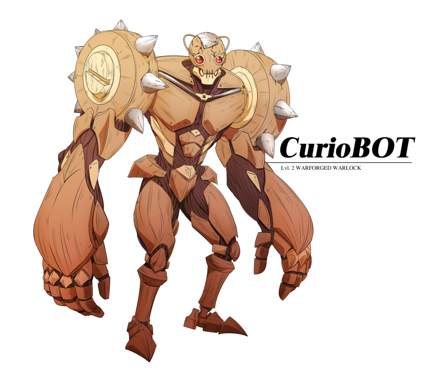 1boy crack curiobot dungeons_and_dragons golem highres holostars holostars_english magni_dezmond metal_plate pkoi red_eyes screw shoulder_spikes simple_background solo spikes wood