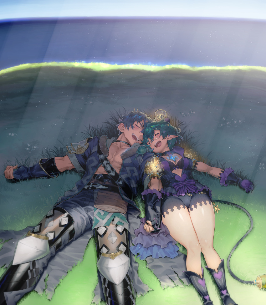 1boy 1girl :d abs armored_boots bangs black_gloves blue_sky boots bra chest_jewel cloud cloudy_sky coat eyepatch fingerless_gloves gloves grass green_hair grey_coat grey_hair highres holding_hands jacket lying muscular muscular_male natto_soup on_back open_mouth outdoors pandoria_(xenoblade) purple_bra purple_footwear purple_gloves purple_jacket purple_shorts shadow short_hair short_sleeves shorts sky smile tail underwear xenoblade_chronicles_(series) xenoblade_chronicles_2 zeke_von_genbu_(xenoblade)