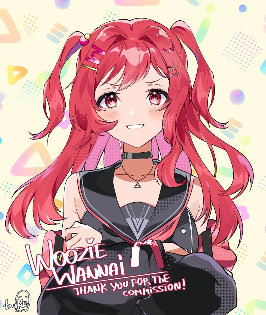 absurdres bare_shoulders choker crossed_arms delinquent hair_ornament hairclip highres jacket jewelry myholo_tv necklace off_shoulder open_clothes open_jacket red_hair school_uniform smirk two_side_up wakiobake woozie_wannai yankee