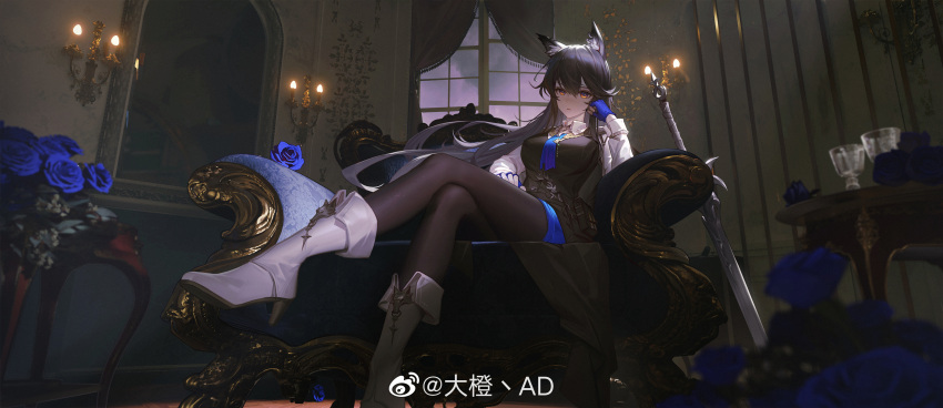 1girl absurdres animal_ear_fluff animal_ears arknights bangs black_hair black_pantyhose blade blue_flower blue_gloves blue_ribbon blue_rose couch crossed_legs cup dacheng_ad fingerless_gloves flower gloves high_heels highres indoors long_hair looking_at_viewer official_alternate_costume pantyhose ribbon rose sitting solo texas_(arknights) texas_the_omertosa_(arknights) wall_lamp weibo_logo weibo_username white_footwear window wolf_ears yellow_eyes