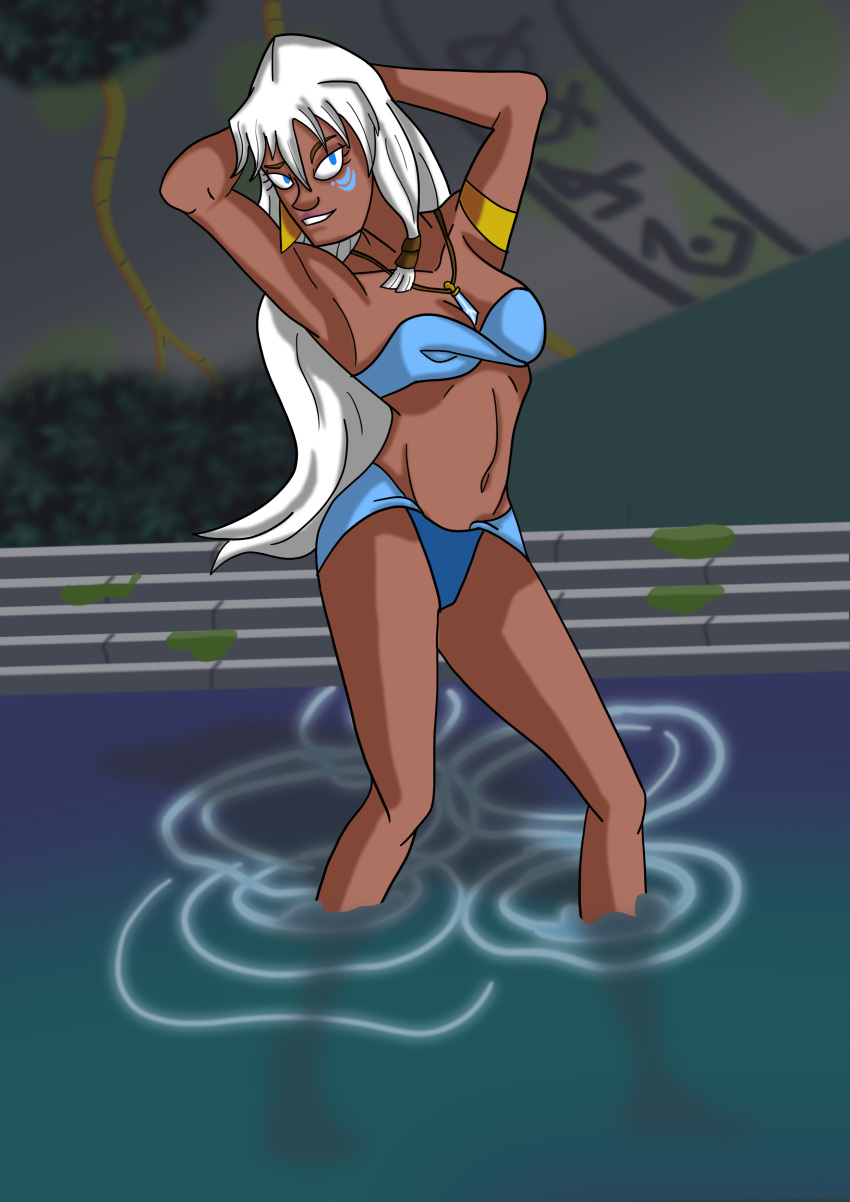 1girl absurdres armlet atlantis atlantis:_the_lost_empire bandeau blue_bandeau blue_eyes breasts dark-skinned_female dark_skin earrings facial_tattoo ginbman highres jewelry kidagakash medium_breasts necklace pendant self_upload solo tattoo thighs white_hair