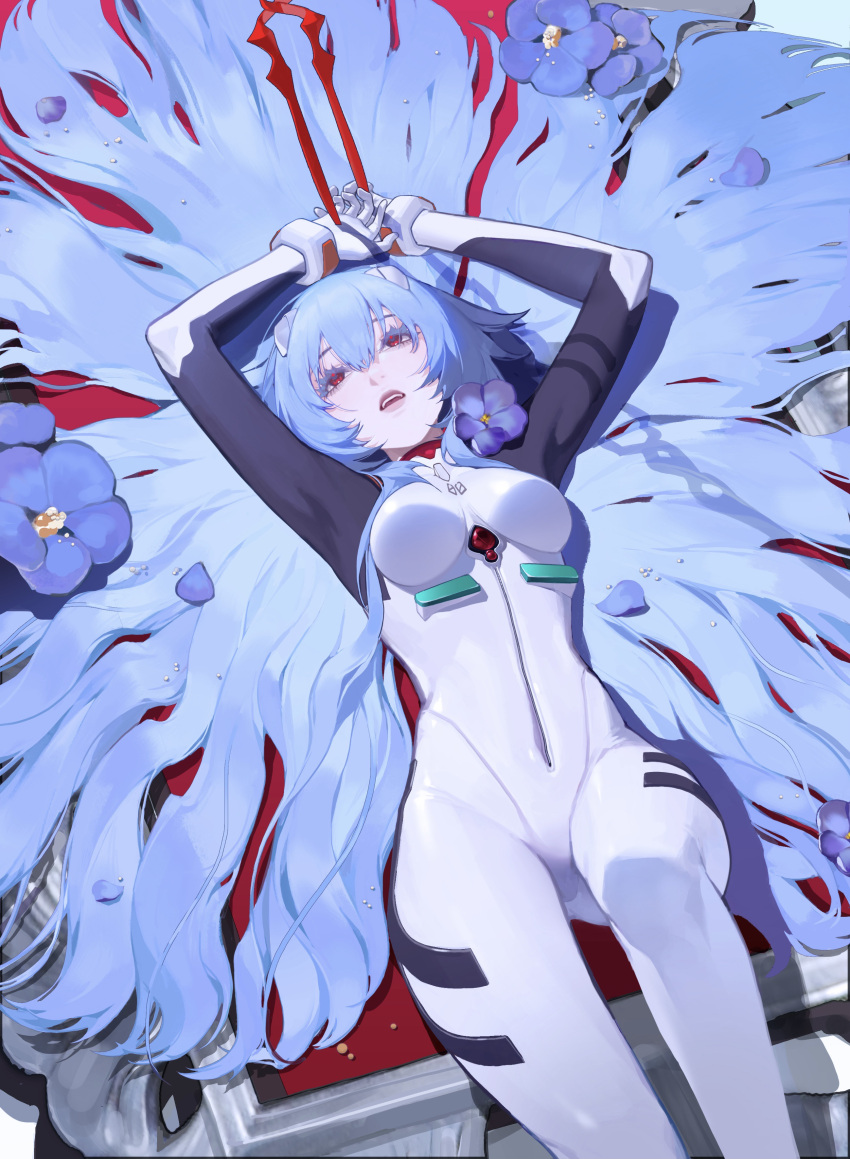 1girl absurdres arms_behind_head ayanami_rei blue_flower blue_hair bodysuit breasts cowboy_shot falling_petals flower hair_between_eyes half-closed_eyes headgear highres lenhato long_hair looking_up lying medium_breasts neon_genesis_evangelion on_back parted_lips petals plugsuit red_eyes solo teeth upper_teeth white_bodysuit