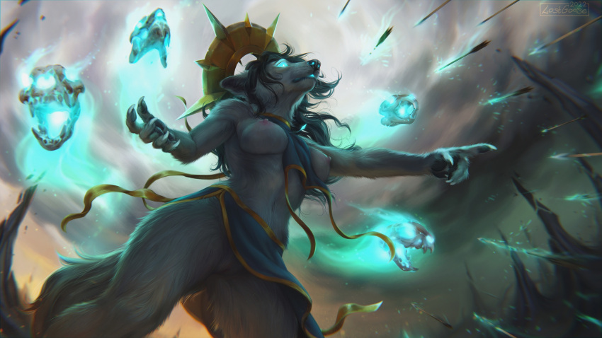 16:9 2022 anthro arrow_(weapon) black_hair blue_bottomwear blue_clothing blue_topwear bone bottomwear breasts canid cheek_tuft clothing cloud dated exposed_breasts facial_tuft female fluffy fluffy_tail fur glowing glowing_eyes glowing_mouth glowing_nostrils grey_body grey_breasts grey_fur group hair hi_res leg_tuft lostgoose low-angle_view mammal messy_hair navel nipples outside ranged_weapon shoulder_tuft signature skull sky solo_focus standing topwear tuft weapon widescreen
