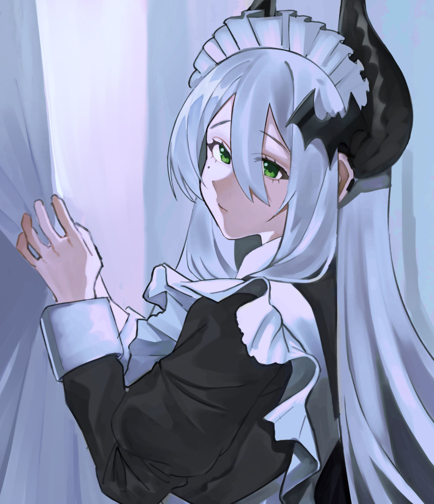 1girl absurdres apron curtains green_eyes grey_hair hair_between_eyes highres kumaartsu long_hair long_sleeves maid maid_apron maid_headdress mole mole_under_eye original solo upper_body