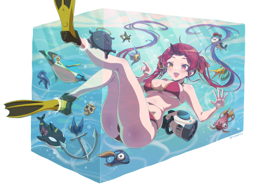 1girl anchor bangs bikini bloop_(gawr_gura) blush breasts bubble cleavage cup fish flippers hair_ribbon halterneck heterochromia highres hololive houshou_marine large_breasts legs long_hair open_mouth orca red_bikini red_eyes red_hair ribbon sharp_teeth skindentation skull_cup smile solo string_bikini subnautica swimsuit takodachi_(ninomae_ina'nis) teeth twintails underboob underwater vinhnyu virtual_youtuber yellow_eyes