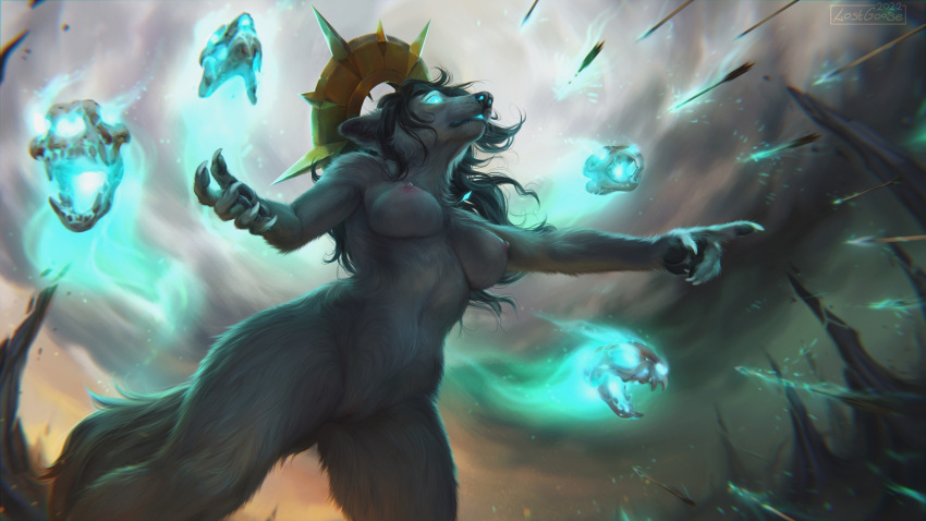 16:9 2022 anthro arrow_(weapon) black_hair bone canid cheek_tuft cloud dated facial_tuft female fluffy fluffy_tail fur glowing glowing_eyes glowing_mouth glowing_nostrils grey_body grey_breasts grey_fur group hair hi_res leg_tuft lostgoose low-angle_view mammal messy_hair navel nipples nude outside ranged_weapon shoulder_tuft signature skull sky solo_focus standing tuft weapon widescreen