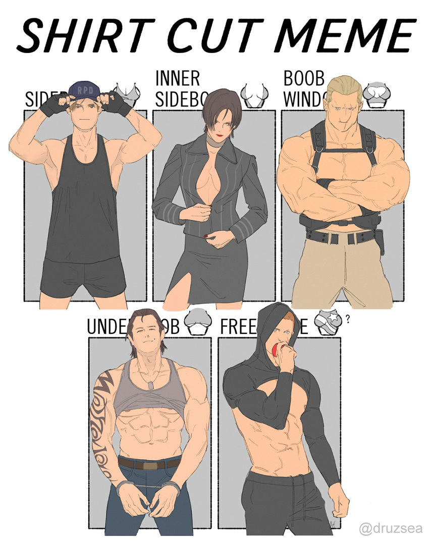 1girl 4boys abs ada_wong adjusting_clothes adjusting_headwear apple arm_tattoo ashley_swidowski baseball_cap belt belt_buckle billy_coen black_belt black_gloves black_hair black_jacket black_shirt black_shorts blonde_hair blue_eyes blue_pants border breasts brown_belt brown_hair buckle cleavage closed_eyes clothes_lift cowboy_shot cropped_hoodie crossed_arms cuffs denim dog_tags eating fingerless_gloves food fruit gloves grey_background grey_choker grey_shirt hair_pulled_back handcuffs harness hat highres holding holding_food holding_fruit hood hood_up hoodie jack_krauser jacket jake_muller jeans khakis leon_s._kennedy long_sleeves looking_at_viewer medium_breasts multiple_boys multiple_drawing_challenge muscular muscular_male nail_polish open_clothes open_jacket pants pectorals pencil_skirt red_lips red_nails resident_evil resident_evil_4 resident_evil_6 scar scar_on_face shirt shirt_cut_meme shirt_lift short_hair shorts side_slit skirt sleeveless sleeveless_shirt striped striped_jacket sweatpants tank_top tattoo toned toned_male very_short_hair