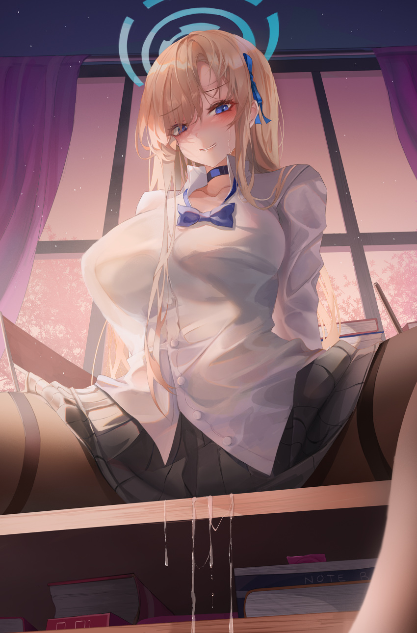 1girl absurdres asuna_(blue_archive) bangs black_choker black_skirt blue_archive blue_eyes blush breasts brown_pantyhose choker collarbone commentary english_commentary halo highres large_breasts long_hair long_sleeves looking_at_viewer pantyhose parted_lips pleated_skirt shirt sitting skirt smile solo spread_legs thighband_pantyhose thighs turbulence white_shirt