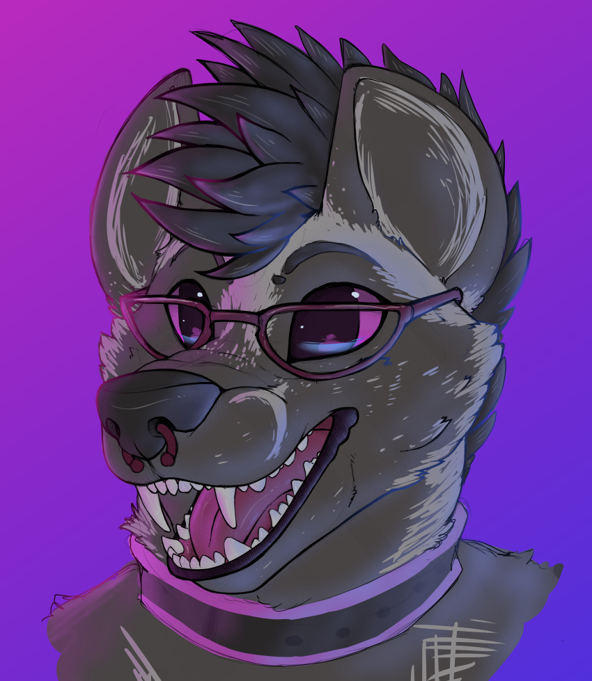 absurd_res african_wild_dog armus_(artist) black_hair canid canine collar ears_up eyewear facial_piercing glasses hair happy hi_res male mammal nose_piercing nose_ring open_mouth piercing pink_eyes ring_piercing smile solo super_bass_(skarrfox) teeth teeth_showing tongue