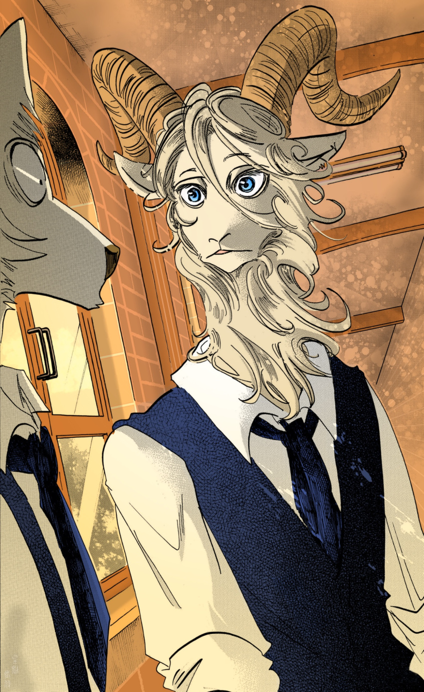 beastars bighorn_sheep blue_eyes bovid brick_wall canid canine canis caprine clothing collar duo fur glass hair handles hi_res humanoid legoshi_(beastars) light long_hair looking_at_another male male/male mammal necktie pina_(beastars) school_uniform sheep sunlight surprise uniform wall_(structure) white_body white_fur window wolf xdzy111 yellow_body yellow_fur