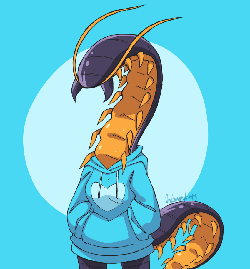 &lt;3 abstract_background antennae_(anatomy) anthro arthropod breasts centipede clothed clothing eyeless female hand_in_pocket hands_in_both_pockets hi_res hoodie mandibles multi_leg multi_limb myriapod non-mammal_breasts onegrumpylumpy pockets sandy_(onegrumpylumpy) solo topwear